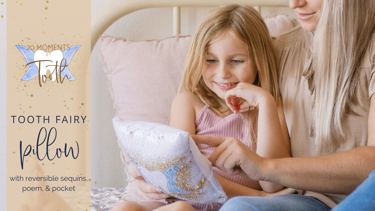 Load video: Mother gifts reversible sequin pillow tooth fairy pillow to daughter and they enjoy playing with and reading the special poem on the back together.
