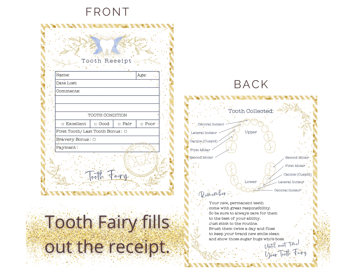 Tooth Fairy Receipt Cards, pack of 20, with 1 Soft Tooth Pouch