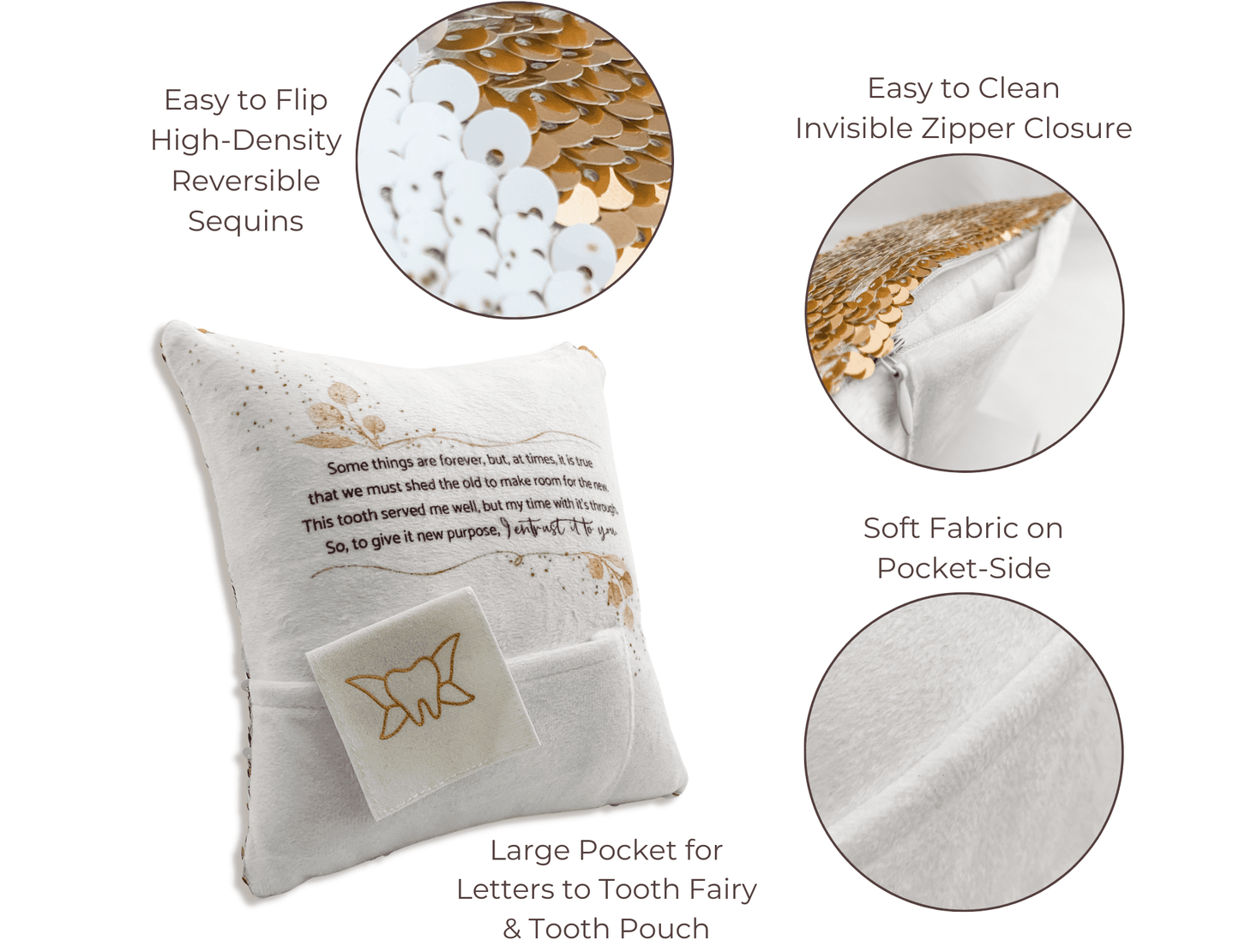 Tooth Fairy Pillow with Reversible Sequins and Large Note & Tooth Pocket