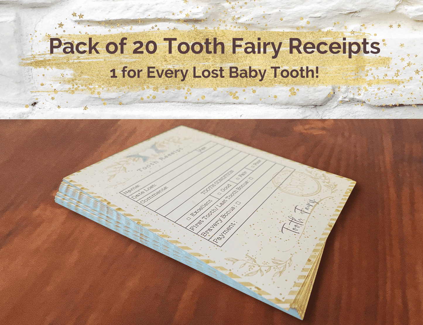 Tooth Fairy Receipt Cards, pack of 20, with 1 Soft Tooth Pouch