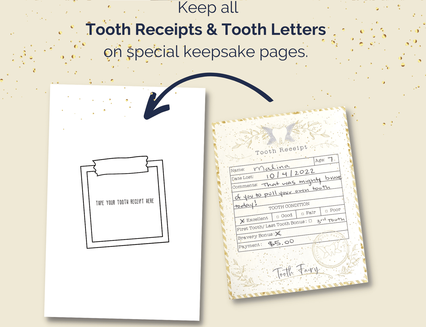 Tooth Fairy Log Book and Keepsake Journal, Gold Glitter